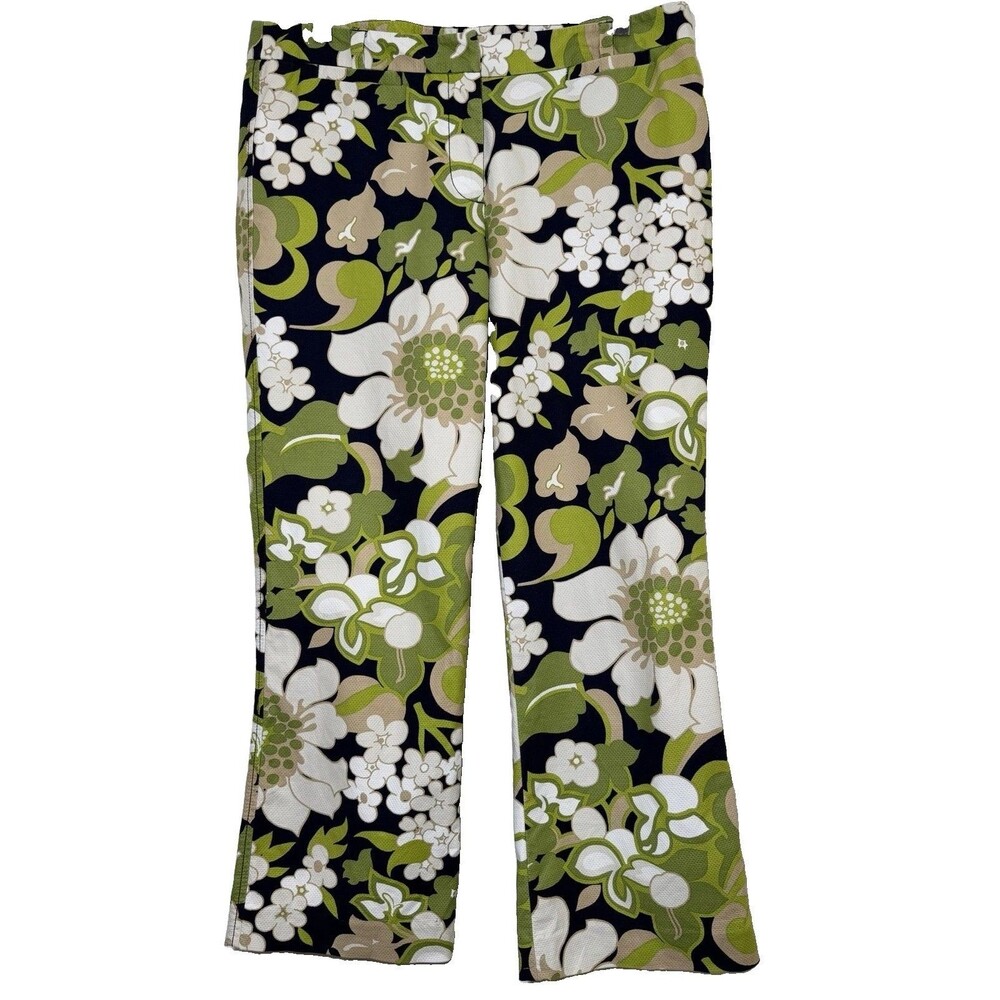 Vintage 2005 J.Crew Floral Stretch Cotton Pants Size 10 Green Navy Y2K